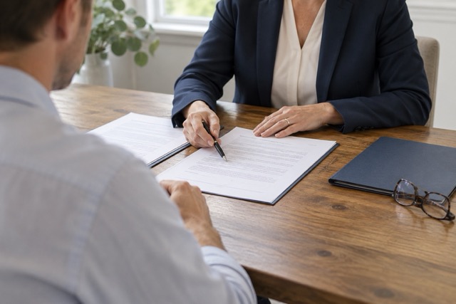 Two people reviewing closing documents at a meeting table