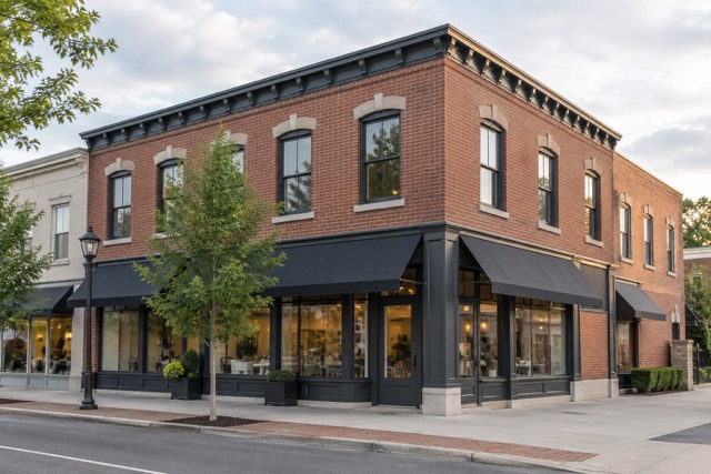 Two-story brick commercial building with storefront windows and dark awnings