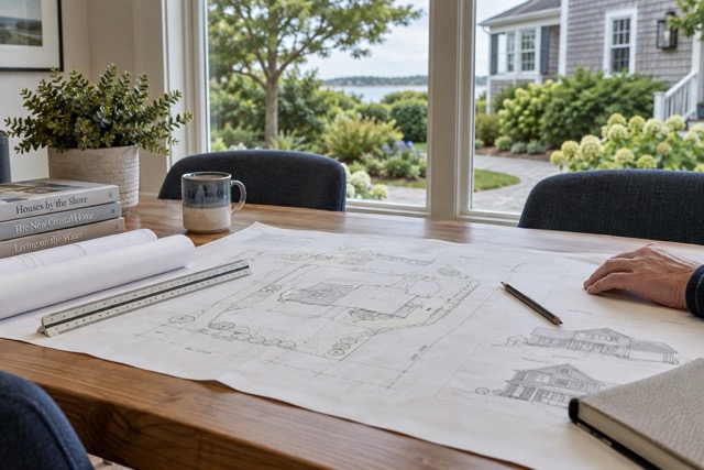 Property site plan and home elevation drawings on a table beside a window
