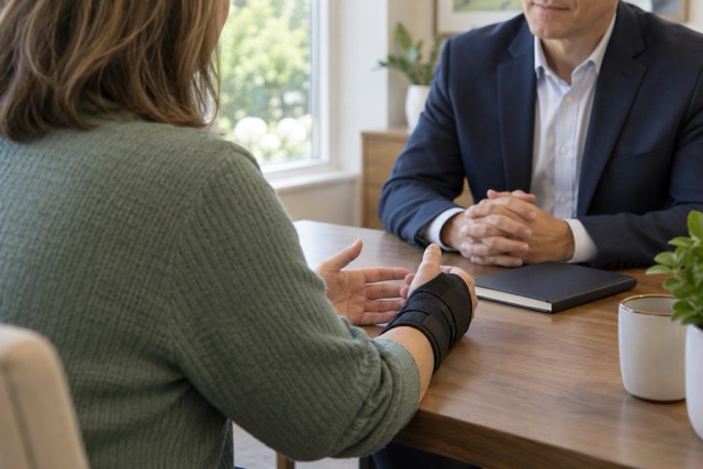 Person wearing a wrist brace during a professional consultation