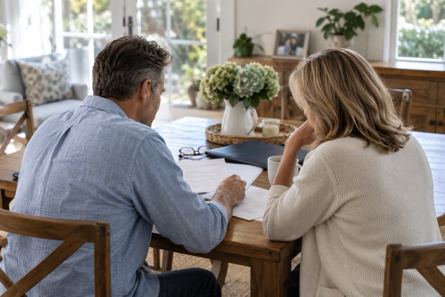 Couple reviewing paperwork together at their dining table