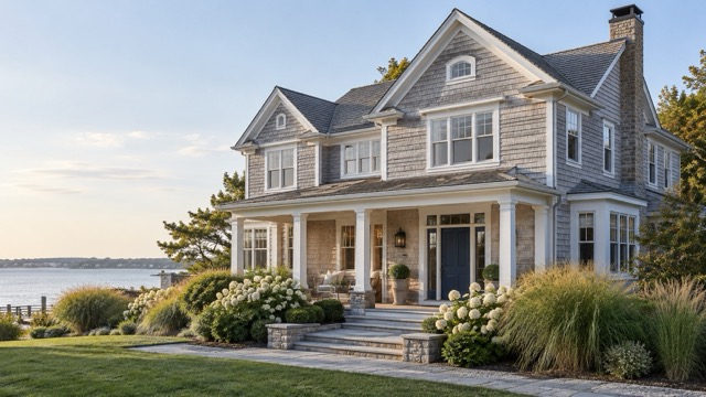 Coastal shingle-style home overlooking a bay, with a covered porch and landscaped gardens.